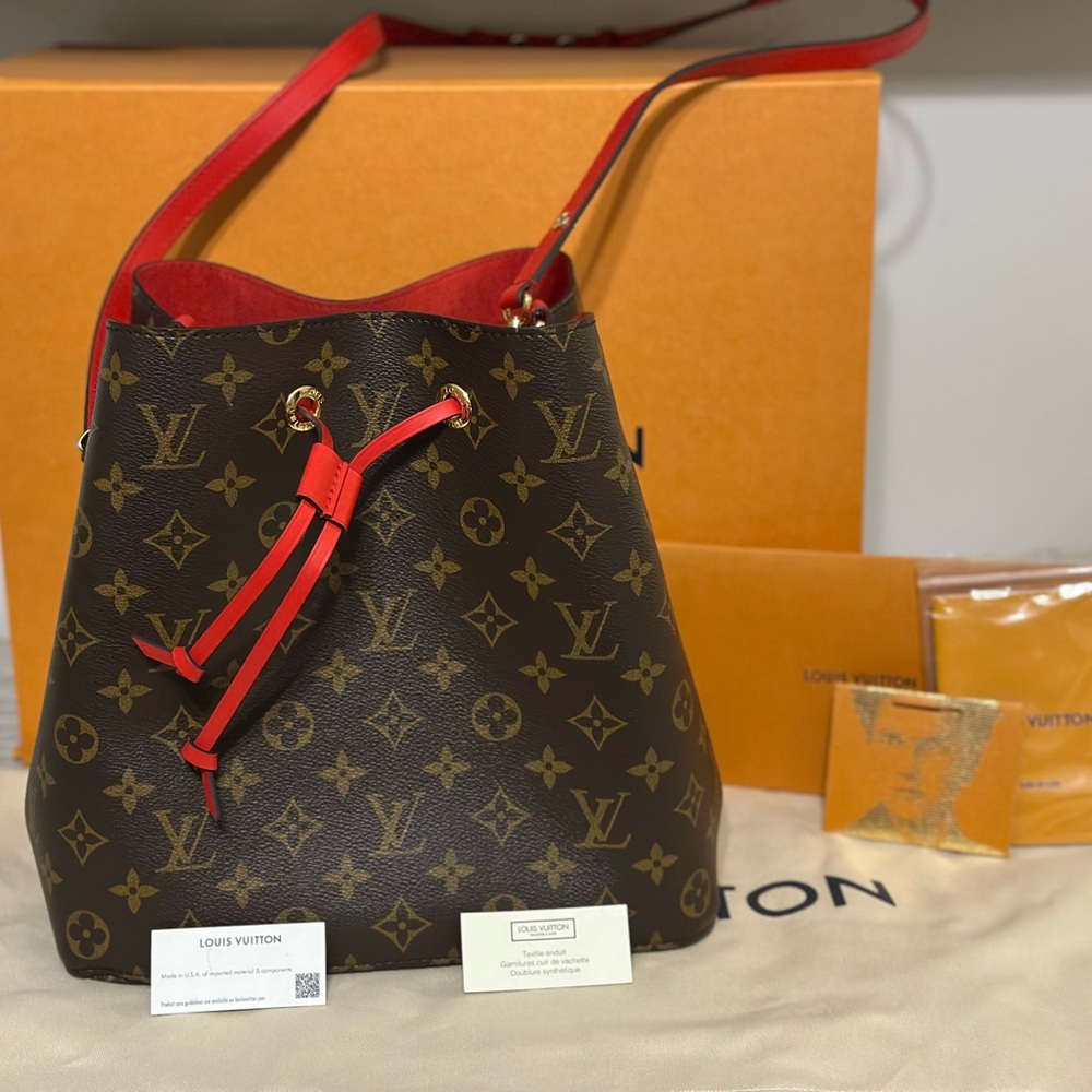 Louis Vuitton Monogram Bucket Bag with Red Accents